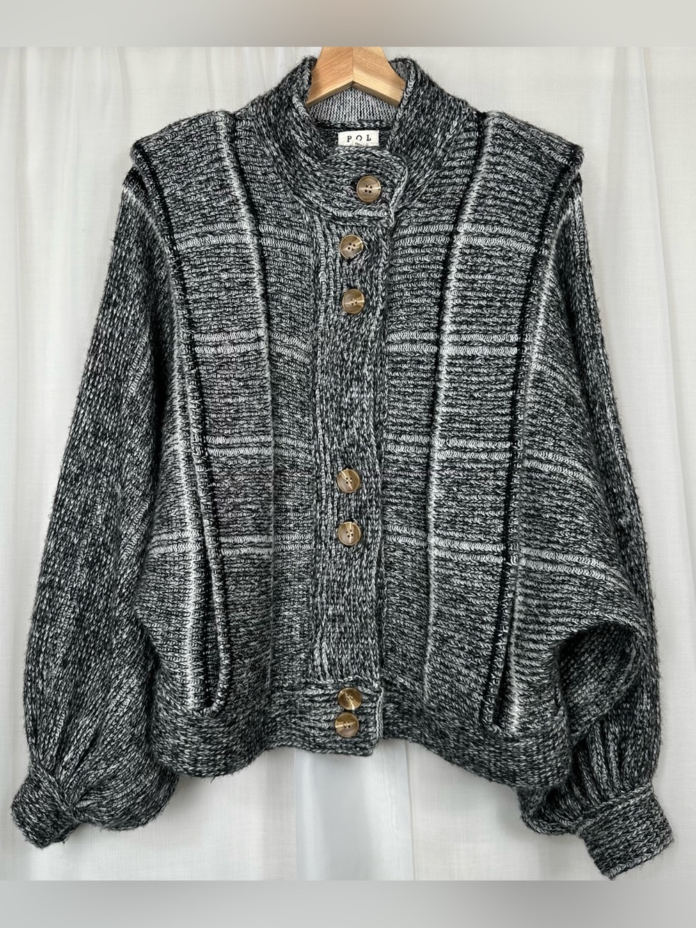 POL Clothing Chunky Knit Windowpane Cardigan Puff Sleeve Sweater Wool Blend S - Picture 1 of 13